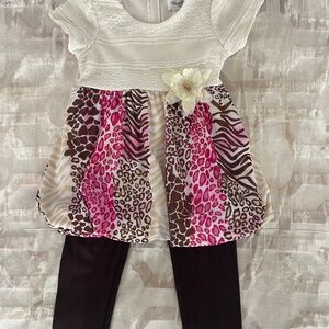Girls White Lace Top with Pink & Brown Animal Print Tunic and Brown Leggings set